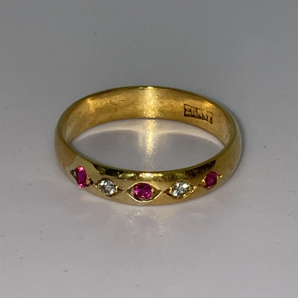 Antique ERNST Solid 14K Yellow Gold Synthetic Ruby Faux Diamond Unisex Band Ring